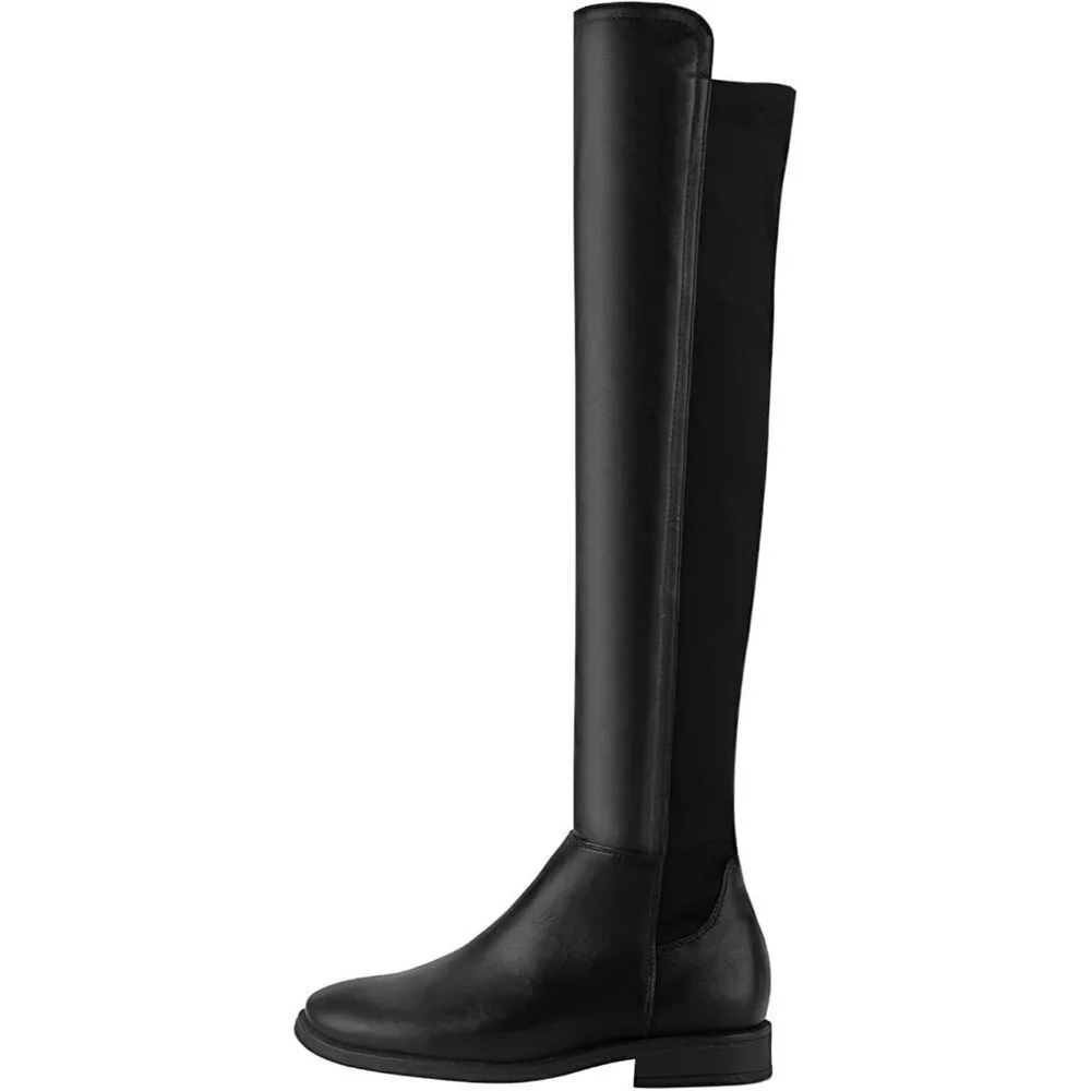 Women Black Pu Suede Thigh High Over The Knee Flat Low Heel Long Round Toe Boots